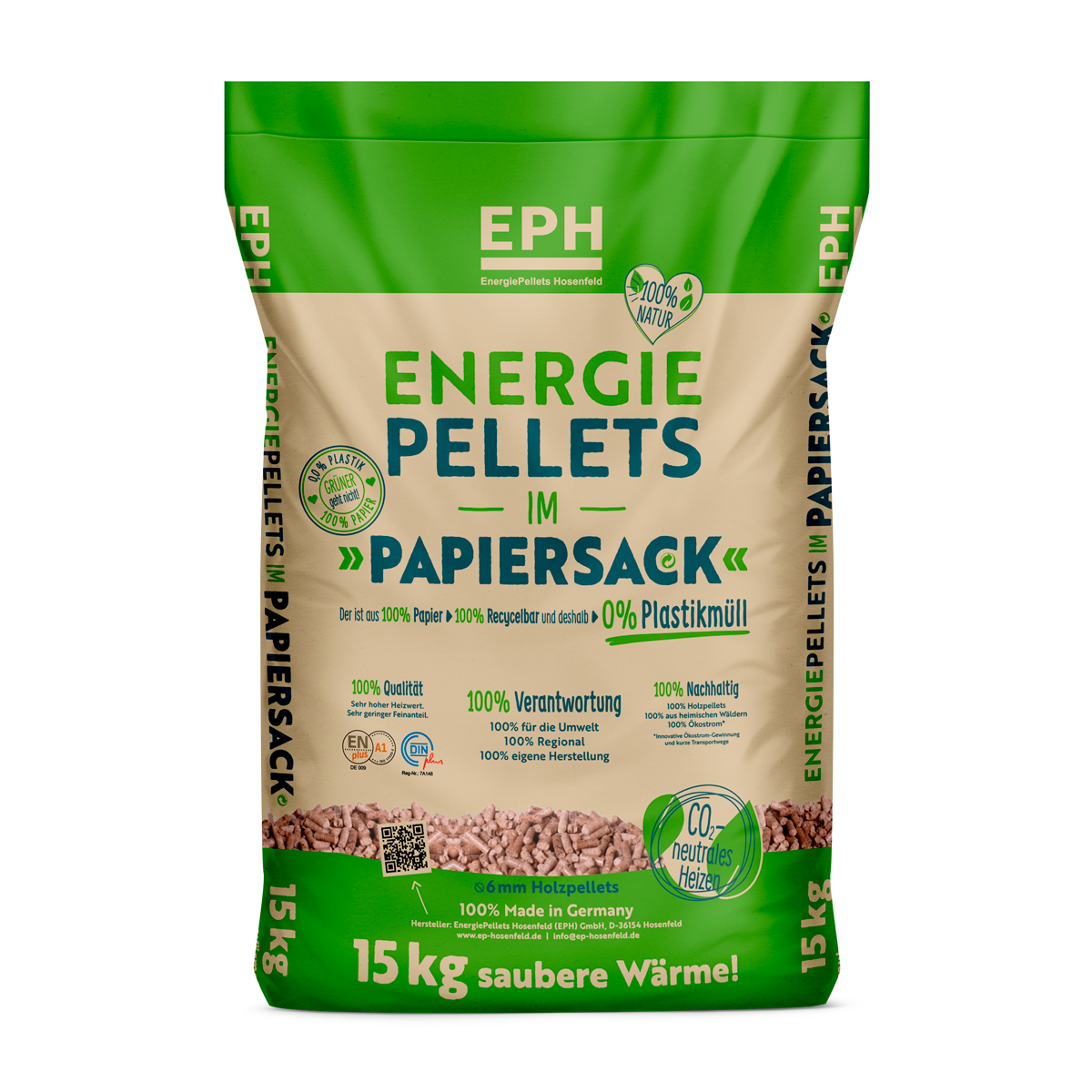 EPH Premium-Pellets DINplus/ENplus A1 – Palette mit 65 Papiersäcken, 975 kg